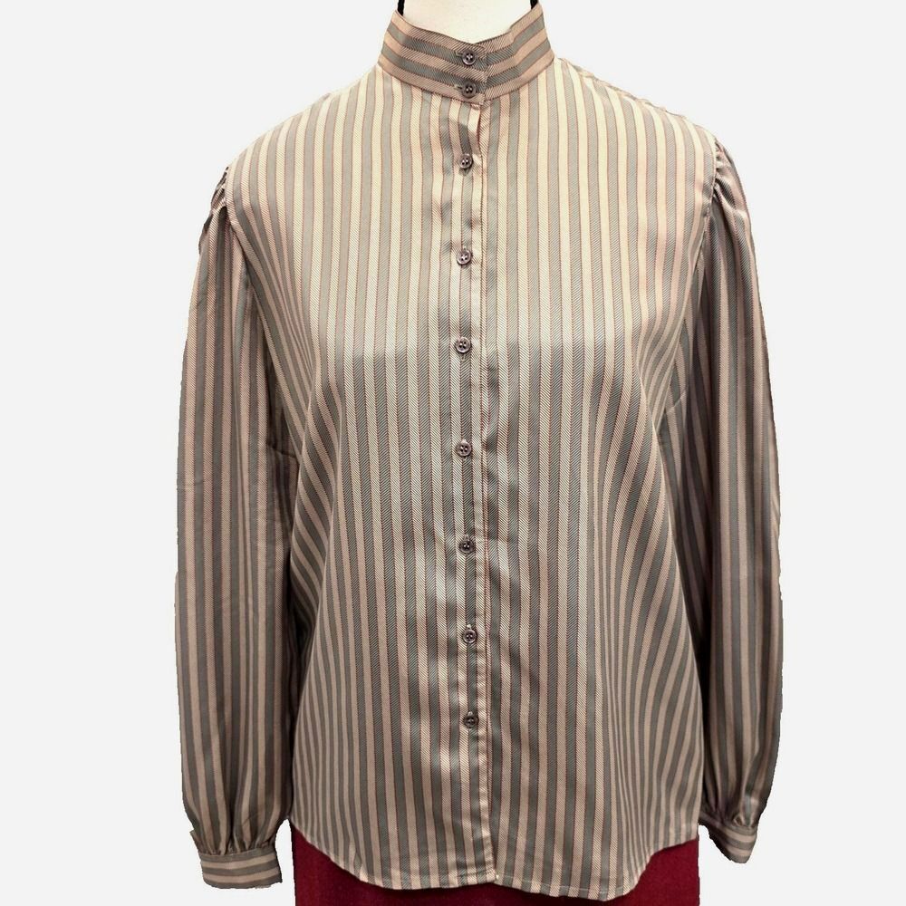 80s Vintage Schrader Sport Shirt Women's 10 High Neck Blouse Stripe Korea